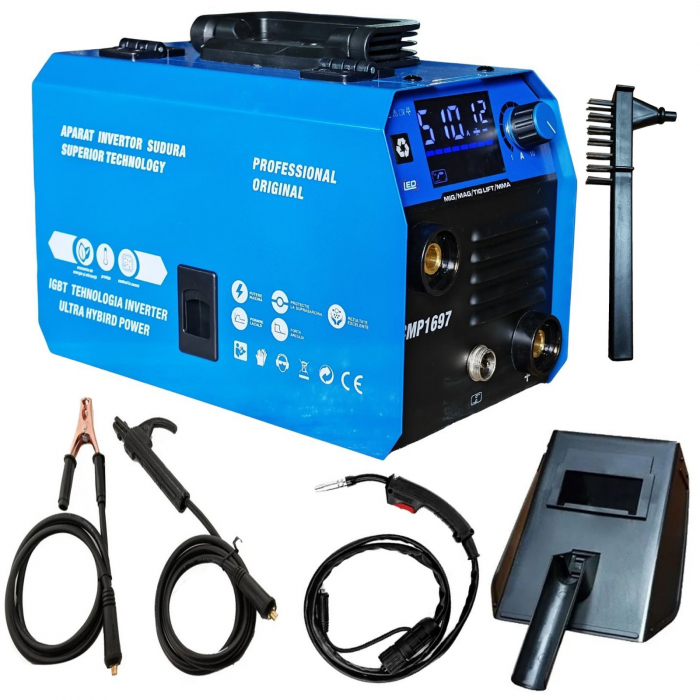 Aparat de sudura Ural MIG MMA LIFT TIG 495A Afisaj digital Accesorii incluse Albastru
