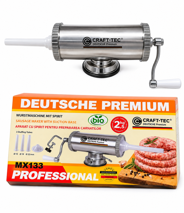 Aparat de umplut carnati orizontal 2.5Kg Craft-Tec, 3 palnii incluse, 2 sisteme de prindere [2]