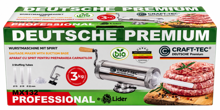 Aparat de umplut carnati orizontal 3Kg Craft-Tec, 3 palnii incluse, 2 sisteme de prindere [3]