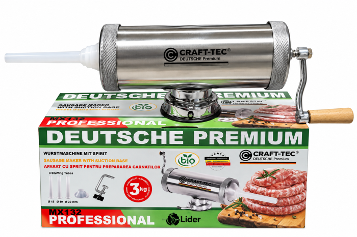 Aparat de umplut carnati orizontal 3Kg Craft-Tec, 3 palnii incluse, 2 sisteme de prindere [2]