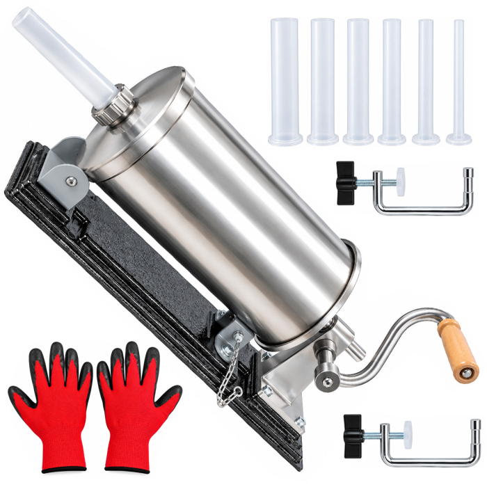Aparat de umplut carnati, orizontal, capacitate 6 kg, inox alimentar premium, 6 palnii incluse, sistem AirStop, talpa metalica, 2 menghine, manusi
