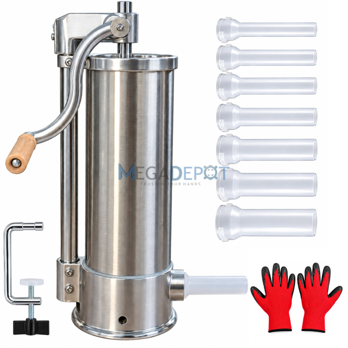 Aparat de umplut carnati, vertical,  6 kg, inox alimentar premium, 7 palnii incluse, sistem antibule AirStop, menghina reversibila stanga dreapta