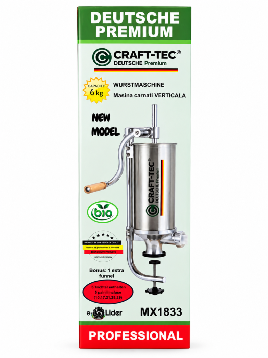 Aparat de umplut carnati vertical 6Kg Craft-Tec, 5 palnii incluse [2]