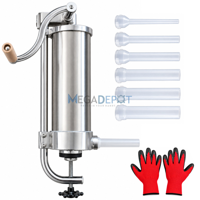 Aparat de umplut carnati, vertical, capacitate 4 kg, inox alimentar premium, 6 palnii incluse, sistem antibule AirStop, garnitura silicon, fixare tip menghina