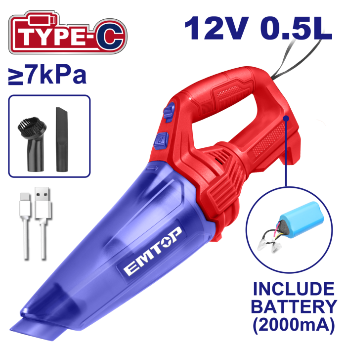 Aspirator portabil cu baterie 2000mA, incarcare prin cablu tip C - ELVC2026, EMTOP [1]