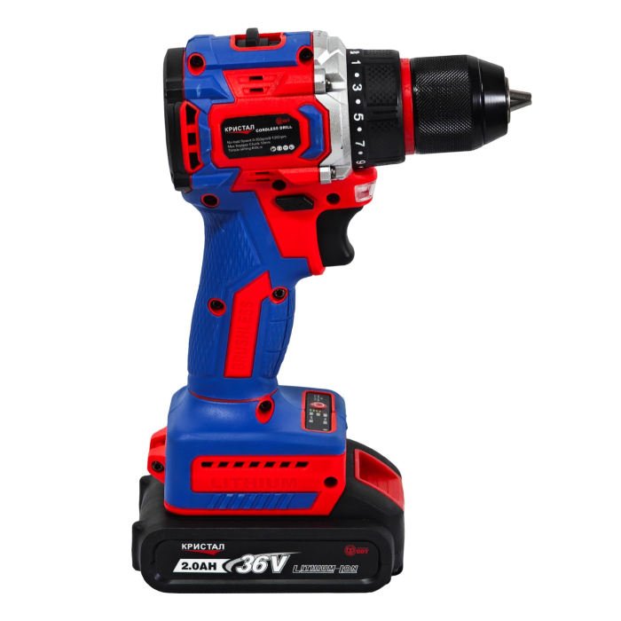 Bormașină cu acumulator DDT-KRISTAL 36V, 2 acumulatori Li-Ion 2.0Ah, motor fara perii (brushless), 2 viteze, cuplu reglabil, sistem autoblocaj,  valiză de transport [14]