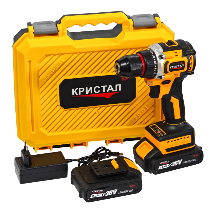 Bormașină cu acumulator DDT-KRISTAL 36V, 2 acumulatori Li-Ion 2.0Ah, motor fara perii (brushless), 2 viteze, cuplu reglabil, sistem autoblocaj,  valiză de transport [14]