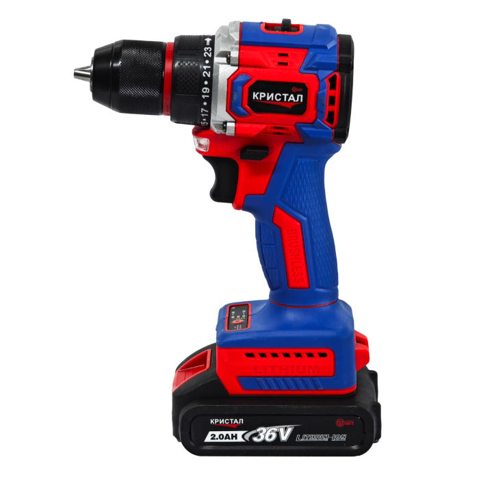 Bormașină cu acumulator DDT-KRISTAL 36V, 2 acumulatori Li-Ion 2.0Ah, motor fara perii (brushless), 2 viteze, cuplu reglabil, sistem autoblocaj,  valiză de transport [12]