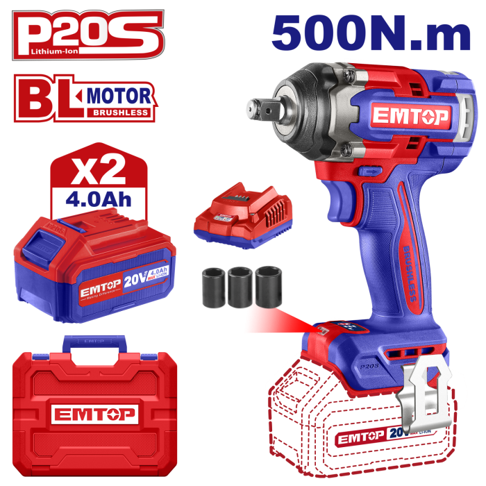 Bormasina de impact si insurubat cu 2 acumulatori 4.0Ah, motor fara perii (brushless), 500 Nm, 1/2", 3 capete 21, 22, 24mm - ECiWL2050, EMTOP [1]