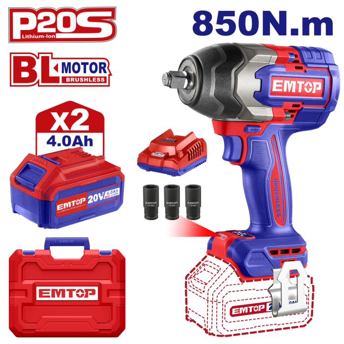 Bormasina de impact si insurubat cu 2 acumulatori 4.0AH, motor fara perii (brushless), 850Nm, cutie de transport - ECiWL2085, EMTOP [1]