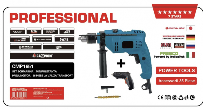 Bormasina electrica + Minifiletanta Campion, 35 piese incluse, Geanta de transport [3]