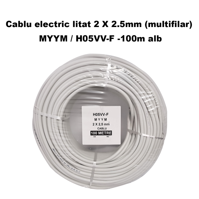 Cablu electric litat 2 X 2.5mm (multifilar) MYYM / H05VV-F, Rola 100 metri, alb [3]
