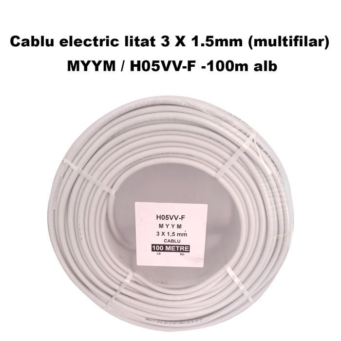 Cablu electric litat 3 X 1.5mm (multifilar) MYYM / H05VV-F, Rola 100 metri, alb [3]