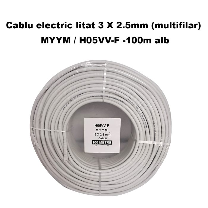 Cablu electric litat 3 X 2.5mm (multifilar) MYYM / H05VV-F, Rola 100 metri, alb [3]