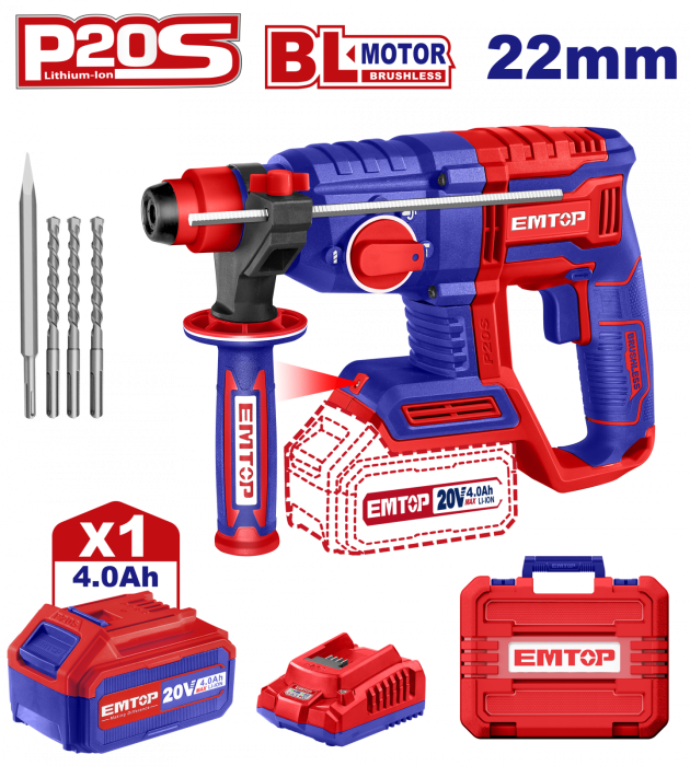 Ciocan rotopercutor cu 1 acumulator 4.0Ah, motor fara perii (brushless), 22mm, 2.0J, 3 burghie, cutie de transport - ELRH202081, EMTOP [1]