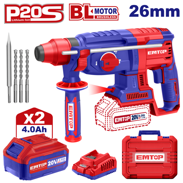 Ciocan rotopercutor cu 2 acumulator 4.0Ah, 22mm, motor fara perii (brushless), cutie de transport - ELRH202287, EMTOP [1]