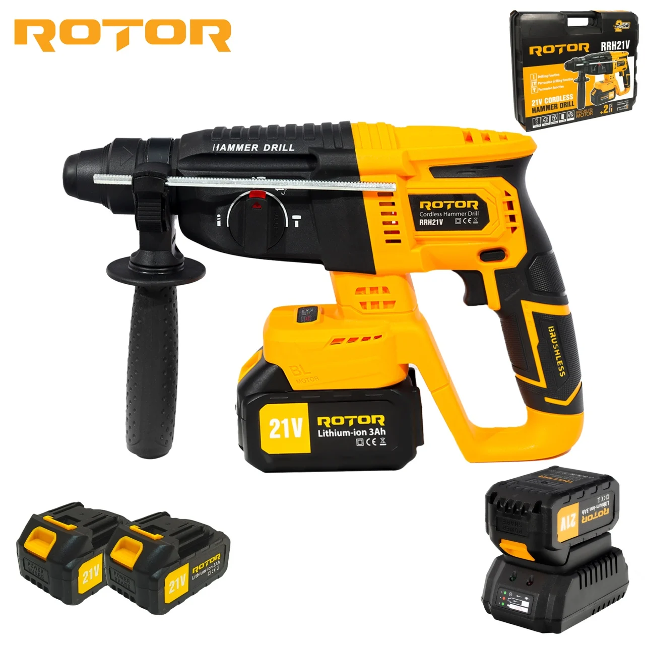 Ciocan rotopercutor cu 2 acumulatori ROTOR, 21V/3Ah , 1800RPM, 4450BPM [5]