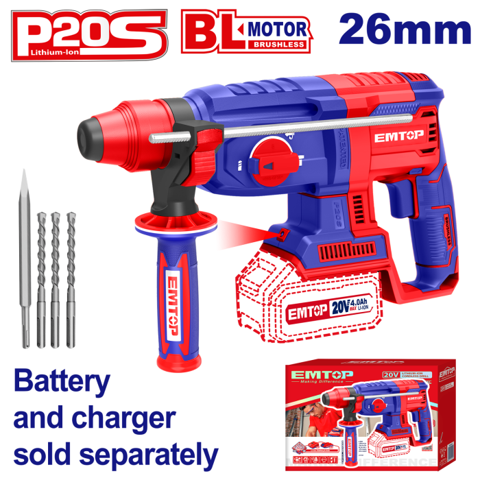 Ciocan rotopercutor fara acumulator si incarcator, 26mm, 4 accesorii - ELRH20228, EMTOP