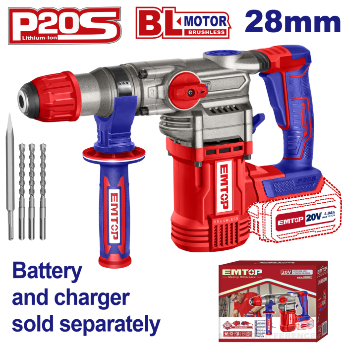 Ciocan rotopercutor fara acumulator si incarcator, 28mm, 4 accesorii - ELRH20288, EMTOP
