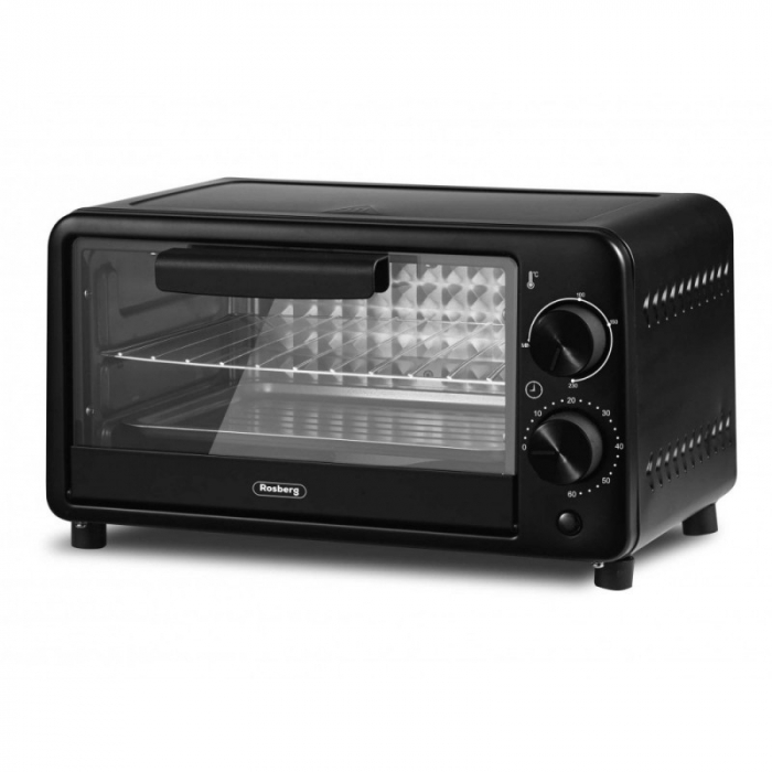 Mini cuptor electric Rosberg, 800W, 9L, Timer, Temperatura reglabila 100-230 grade C, Tava+Grill incluse, Negru