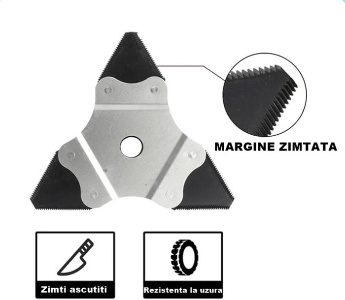 Disc de taiere triunghiular pentru motocositoare, 3T, diametru prindere 25.4mm, diametru disc 230mm, lungime muchie de taiere 65mm, grosime lama 2mm, otel tratat termic [4]