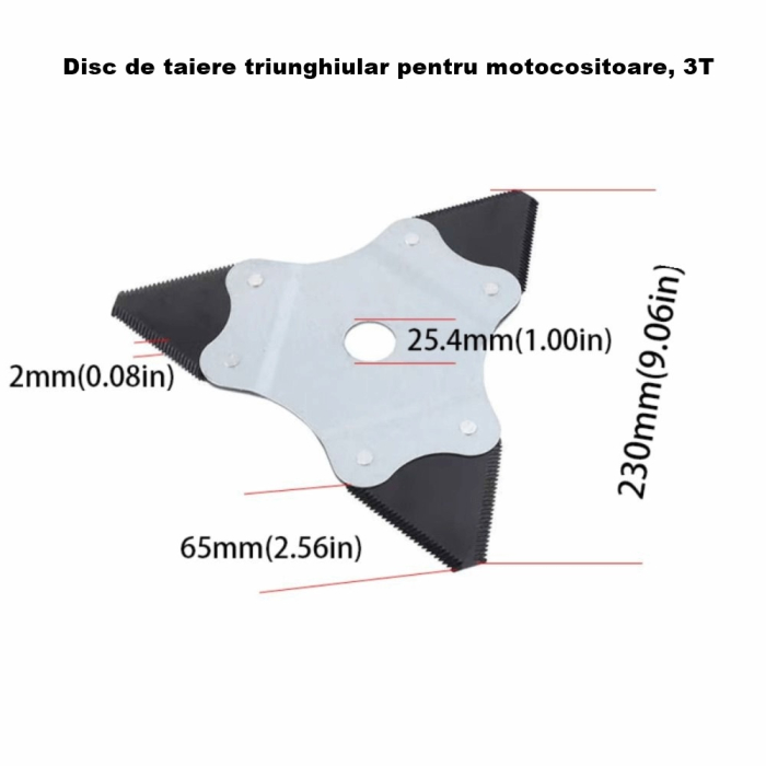 Disc de taiere triunghiular pentru motocositoare, 3T, diametru prindere 25.4mm, diametru disc 230mm, lungime muchie de taiere 65mm, grosime lama 2mm, otel tratat termic [2]