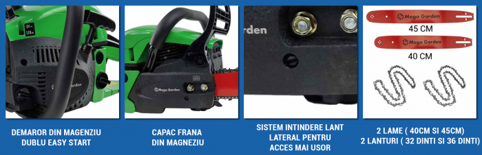 Drujba (motofierastrau) MegaGarden Profesional, 7CP, 5500W, 2 Lame model Rosu Premium, 2 Lanturi [4]