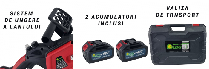 Fierastrau cu lant de mana pe acumulator Mencoza Lider, 48V, 6000mAh, lama 30cm, 2 acumulatori, utilizare cu o singura mana, ideala pentru constructii [5]