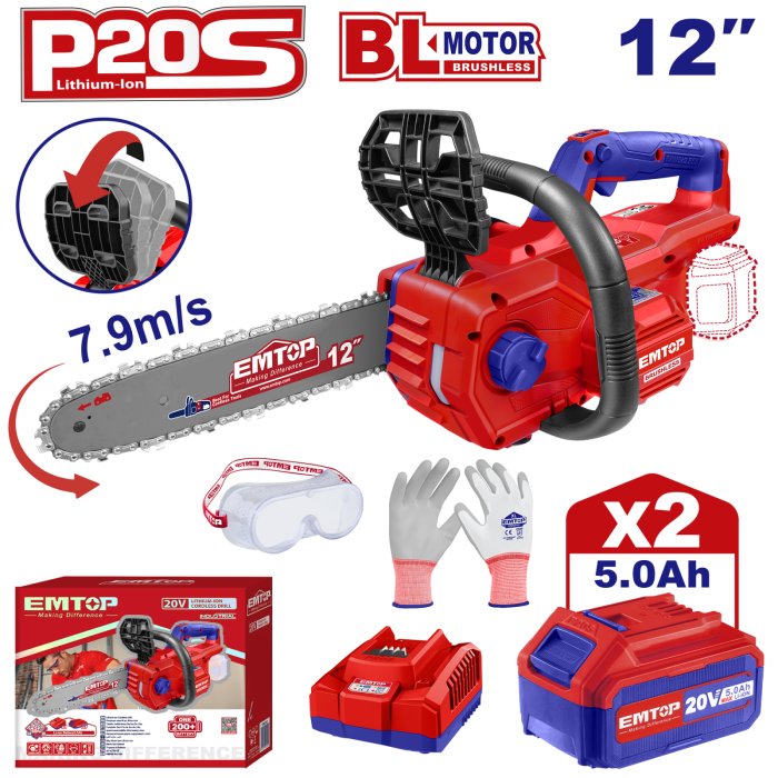 Fierastrau/Drujba cu lant cu 2 acumulatori 5.0Ah, motor fara perii (brushless), 30cm - ELGA201286, EMTOP [1]