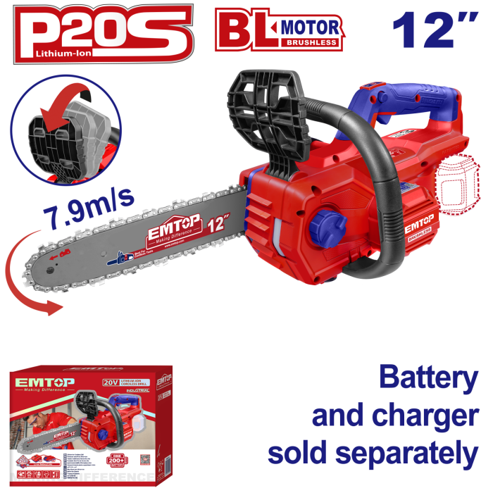 Fierastrau Drujba cu lant fara acumulator si incarcator, motor fara perii (brushless), 30cm - ELGA20128, EMTOP