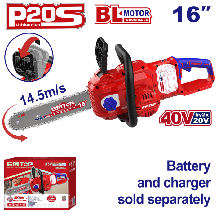 Fierastrau/Drujba cu lant fara acumulator si incarcator, motor fara perii (brushless), lant 40cm - ELGA40168, EMTOP [1]