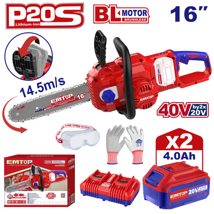 Fierastrau (drujba) pe acumulator Emtop, 40V 4Ah(20V+20V), lama 16   (40cm), 2 acumulatori inclusi, incarcator dublu