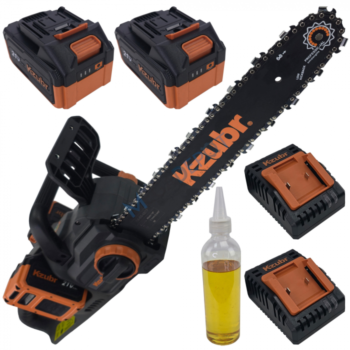 Fierastrau electric cu lant pe 2 acumulatori KZUBR 42V Brushless, lama 40 cm, capacitate marita, 2 incarcatoare, ungere lant automata, frana de protectie,  sistem intindere lant SuperEasy