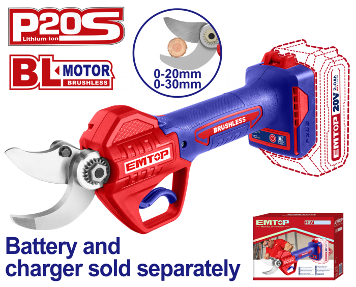 Foarfeca electrica pentru vie fara acumulator si incarcator, motor fara perii (brushless), 20 30mm - ELSL20305, EMTOP
