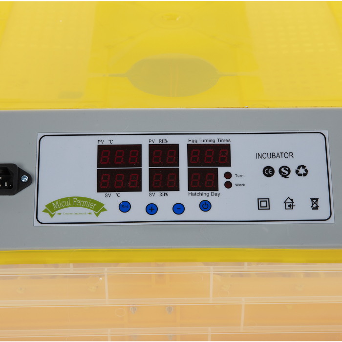Incubator automat  Micul Fermier GF-1257, 180W, 48oua gaina/132oua prepelita  Incubatorul automat  Micul Fermier GF-1257, 180W, este construit pe principiul incubatorului de suprafata, ouale fiind asezate intr-un singur strat. Carcasa, din masa plastica termoizolanta, asigura pastrarea temperaturii interioare. Incalzirea este asigurata de o rezistenta electrica termostatata.  Capacitatea lui este de 48 oua gaina si 132 oua prepelita.  CARACTERISTICI GENERALE/ SPECIFICATII TEHNICE  Tip produs: Incubator oua Brand: Micul Fermier Afisaj digital: DA Capacitate: 48oua gaina/132oua prepelita Control temperatura: Automat Control umiditate: Automat Dispozitiv intoarcere: Automat Material de costructie: Plastic Carcasa:  Masa plastica termoizolanta UM/PCS: 1 Temperatura mediului ambiat: +20gradeC Umiditatea mediului ambiat: 0.85 Putere (W): 180W Tensiune alimentare: 220V   ACCESORII INCLUSE   1 x  Incubator automat  Micul Fermier GF-1257, 180W, 48oua gaina/132oua prepelita [5]