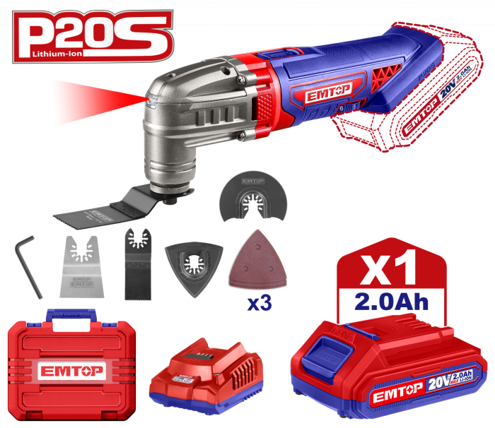 Instrument multifunctional cu 1 acumulator 2.0AH, 6 viteze, 8 accesorii, cutie transport - ELMF20221, EMTOP