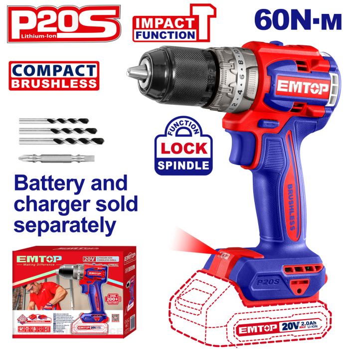 Masina de gaurit cu impact electrica, motor fara perii (brushless), 60Nm - ECiDL206021, EMTOP [1]
