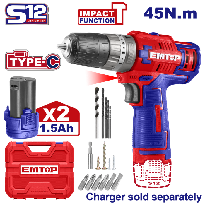 Masina de gaurit si insurubat cu impact, cu 2 baterii 1.5Ah, incarcare prin cablu tip C, 45Nm, 50 accesorii, cutie de transport, fara incarcator - ECiDL12620, EMTOP [1]