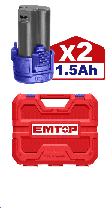 Masina de gaurit si insurubat cu impact, cu 2 baterii 1.5Ah, incarcare prin cablu tip C, 45Nm, 50 accesorii, cutie de transport, fara incarcator - ECiDL12620, EMTOP [2]