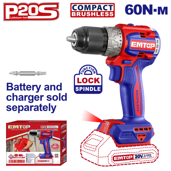 Masina de gaurit si insurubat fara incarcator si acumulator, motor fara perii (brushless), 60Nm, 1/2" - ECDL206021, EMTOP [1]