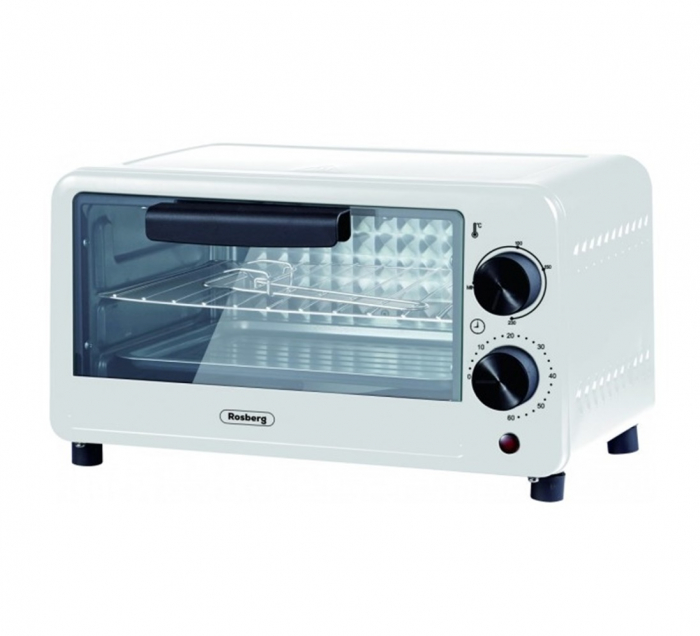 Mini cuptor electric Rosberg, 800W, 9L, Timer, Temperatura reglabila 100-230 grade C, Tava+Grill incluse, Alb