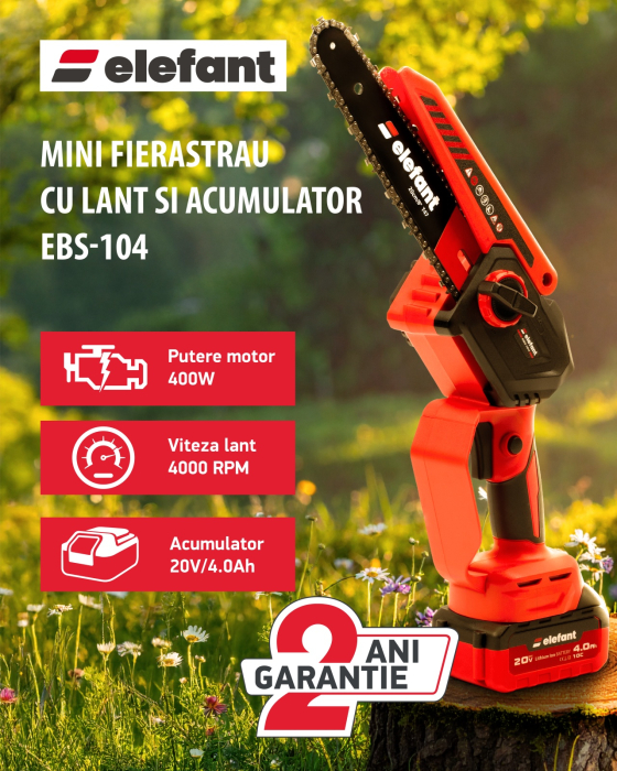 Mini fierăstrău cu lanț și acumulator ELEFANT EBS-104, 20V / 4Ah, Brushless [4]