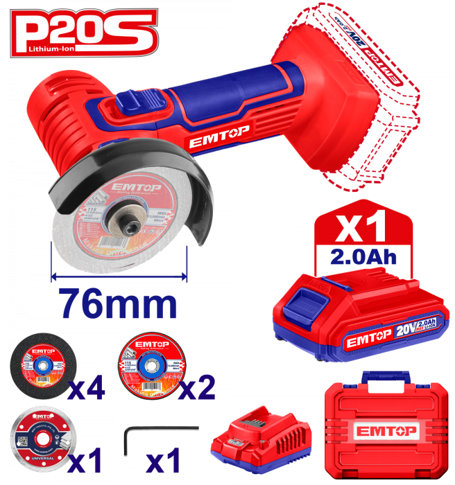 Mini polizor unghiular cu 1 acumulator 2.0Ah, 76mm, 7 discuri incluse - ELAG76017, EMTOP [1]