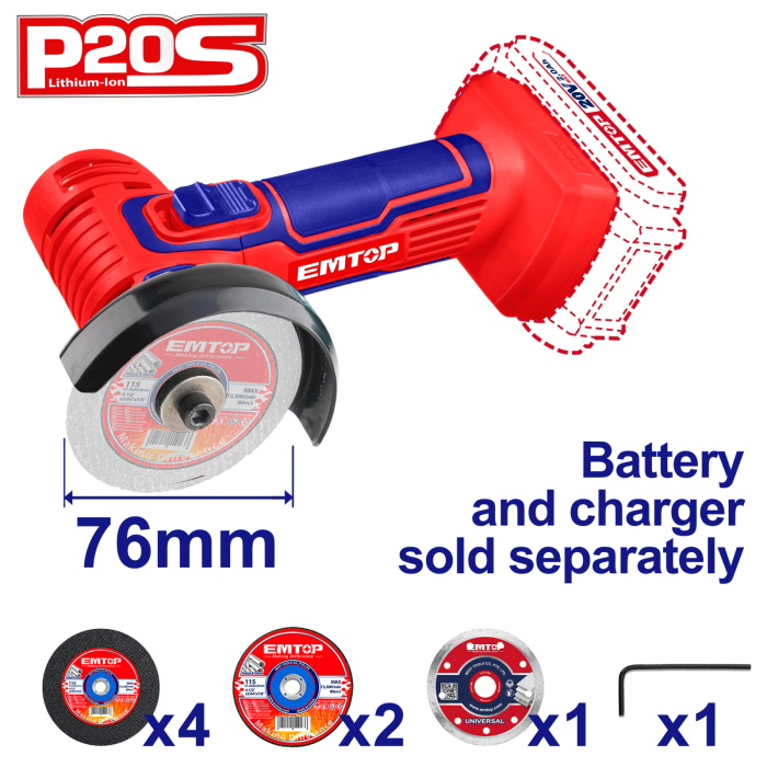 Mini polizor unghiular fara acumulator si incarcator, 76mm, 7 discuri incluse - ELAG7601, EMTOP [1]