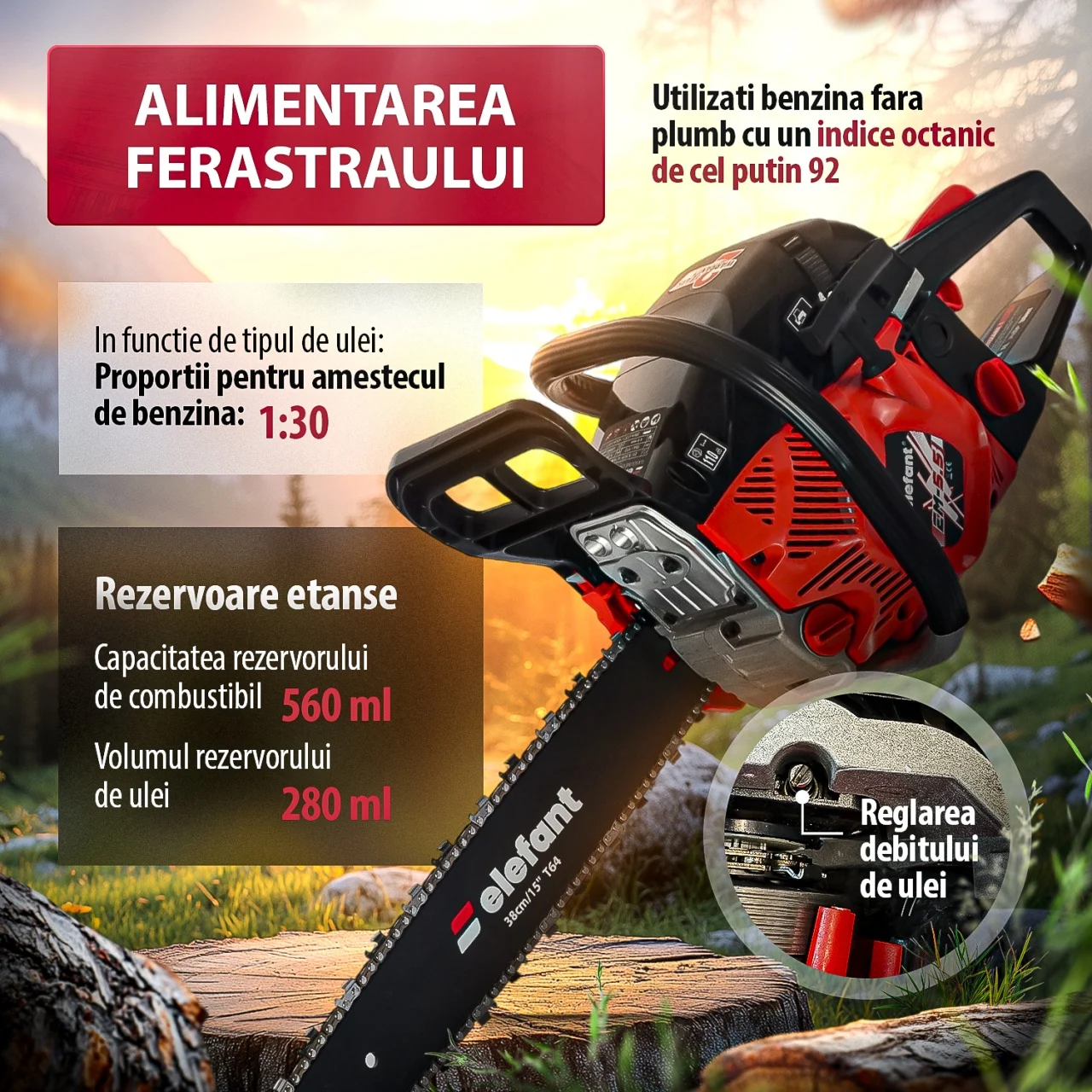 Motofierastrau (drujba) pe benzina Elefant, 5.5CP, 10000RPM, 52 cm³, 2 lame + 2 lanturi [7]