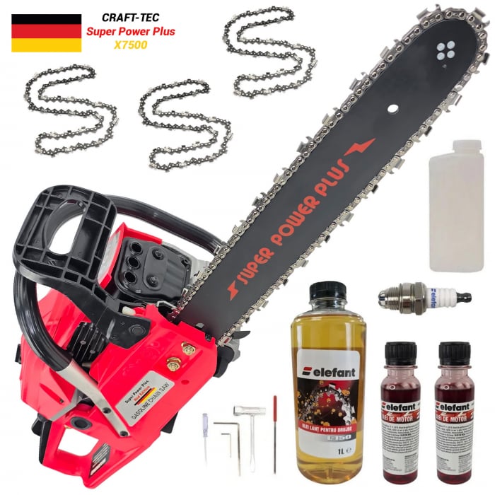 Pachet Motofierastrau pe benzina, drujba, Craft-Tec Super Power Plus, X7500, 7,5CP, EasySmartStart, lama 40cm, ungere automata