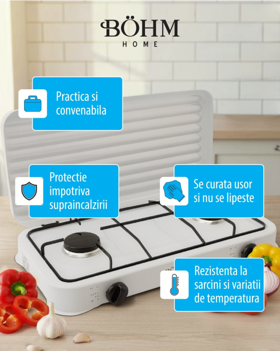 Plita cu doua arzatoare pe gaz si aprindere manuala BOHM BG-M-002-W, 4.4 kW [8]