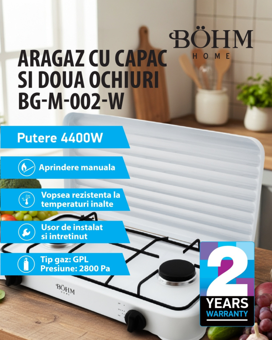 Plita cu doua arzatoare pe gaz si aprindere manuala BOHM BG-M-002-W, 4.4 kW [2]