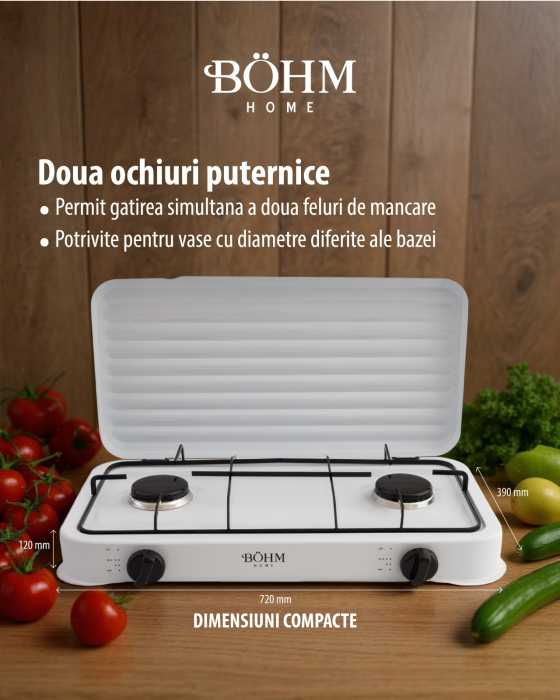 Plita cu doua arzatoare pe gaz si aprindere manuala BOHM BG-M-002-W, 4.4 kW [9]