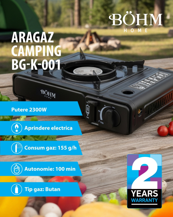 Plita cu un arzator pe gaz Camping BOHM BG-K-001+L, GPL, 2.3 kW, Racord metalic extern pentru furtun de gaz [2]